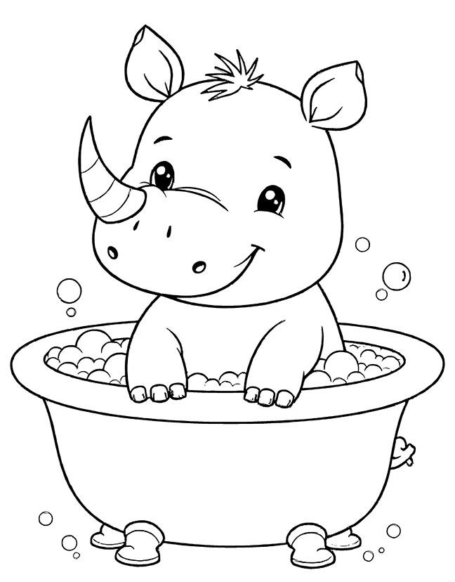 Baby rhino bathing in a tub coloring page